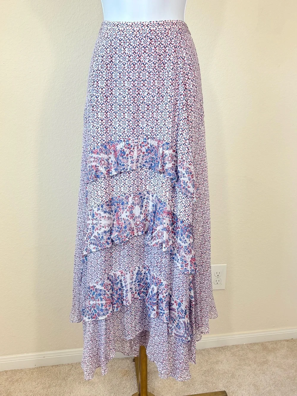 Rebecca Taylor 100% Silk Ruffle Asymmetrical Maxi  Skirt Blue Red Floral Boho